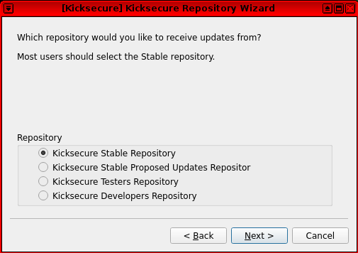 Kicksecure Repository Wizard select repo.png