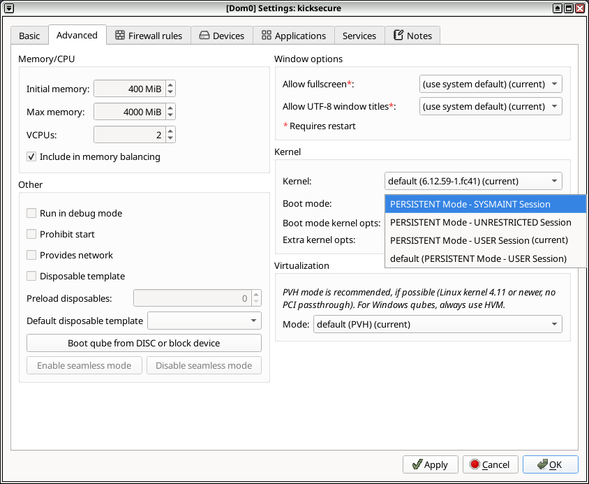 Persistent Mode - Sysmaint Session - Qubes Boot Mode
