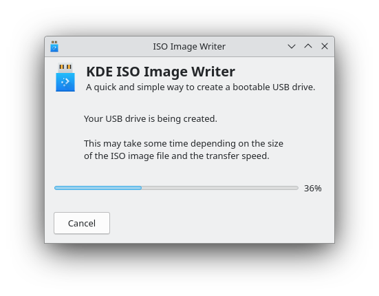 KDE ISO Image Writer writing the ISO to USB