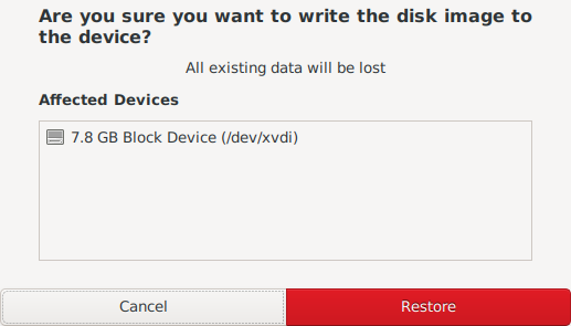 GNOME Disk Restore ISO Confirm
