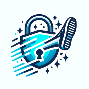 Vector design of a padlock with a stylized kick motion emanating from it by DALL·E