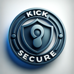 circular logo with the word 'Kicksecure' wrapping around a central icon by DALL·E